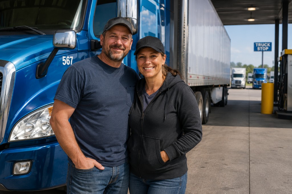 Smiling man and woman standing in front of a blue semi-truck at a truck stop