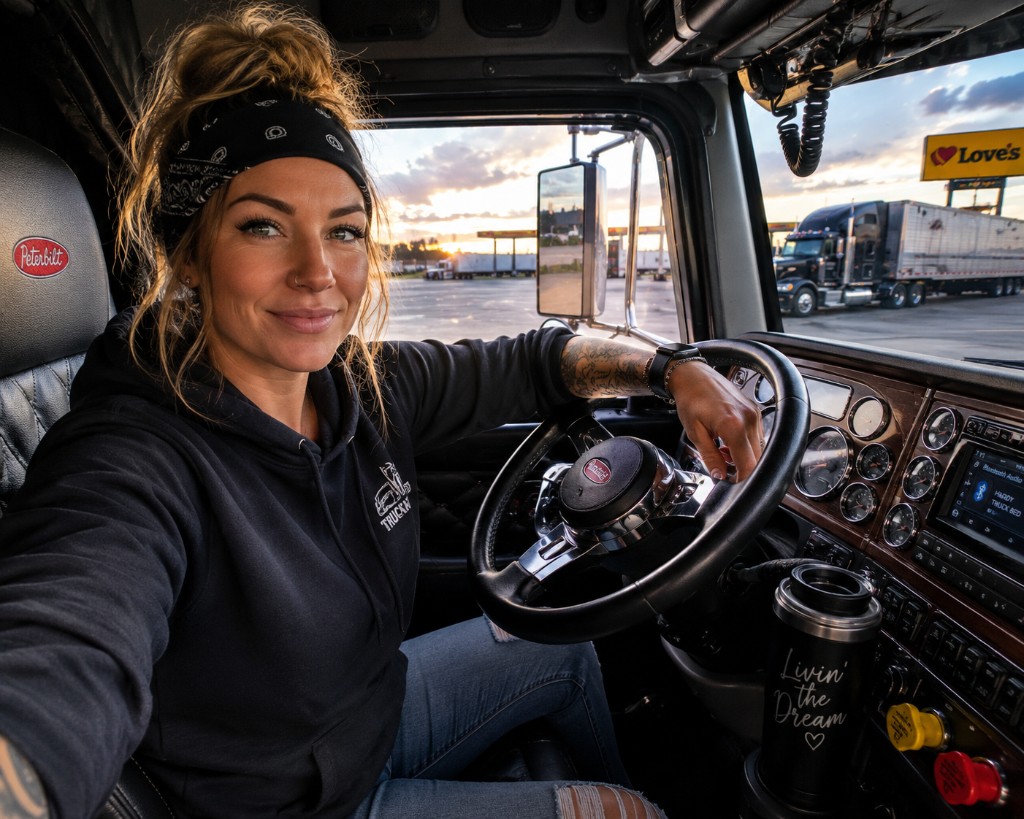 Sarah McAnderson, truck driver in Peterbilt cab